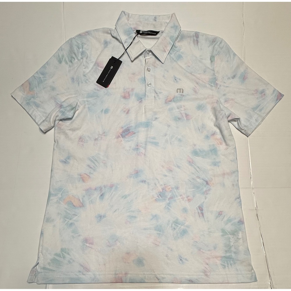 TravisMathew All Tied Up Polo Mens Large White Blue Tie Dye Golf Shirt NEW